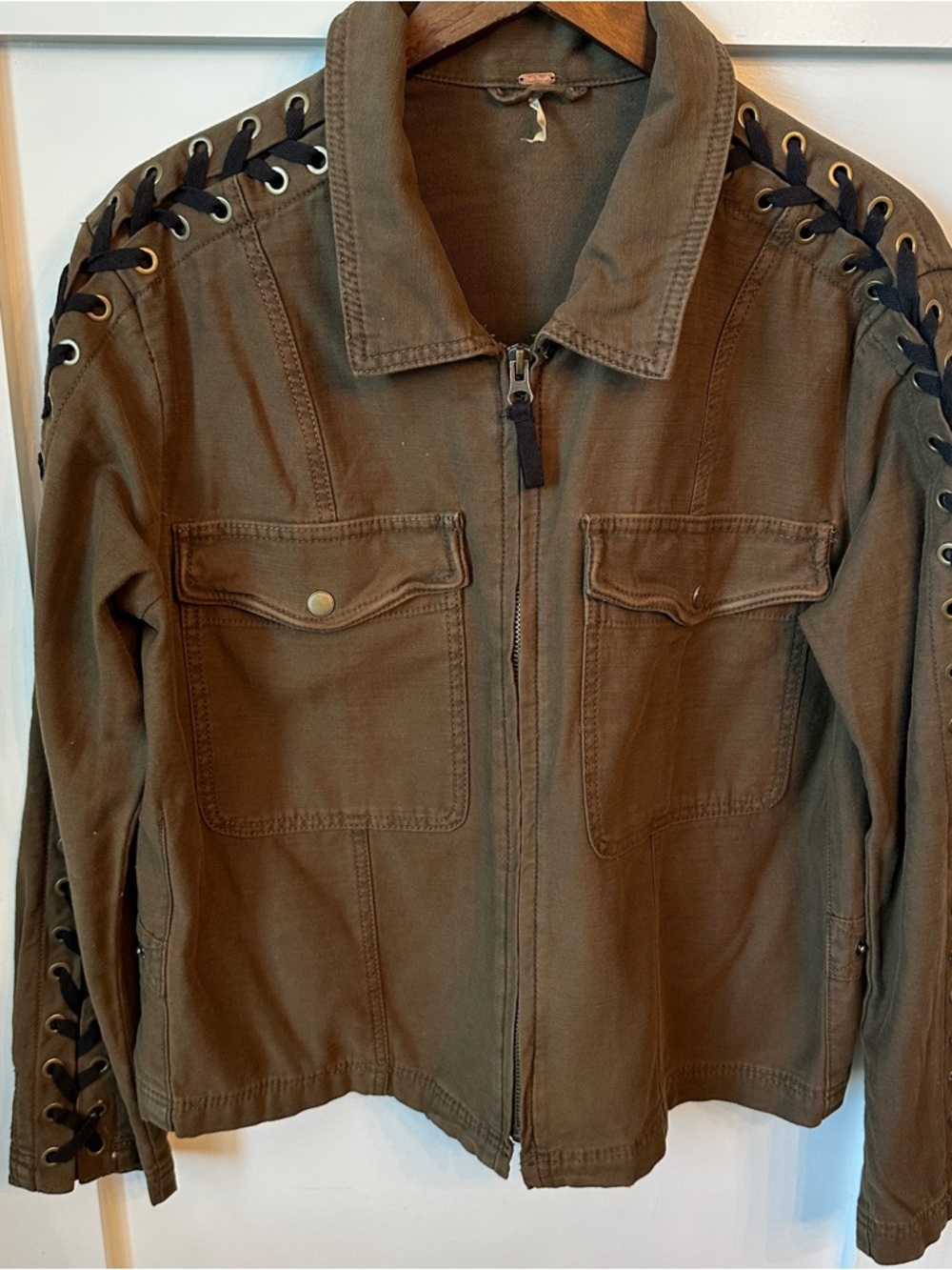 Free People Brown Lace-Up Sleeve Utility Jacket - Picture 2 of 10